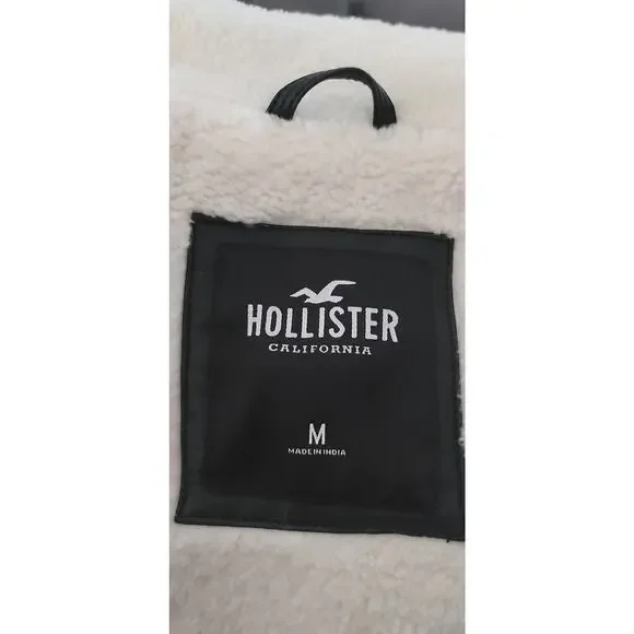 Hollister Women's Black Vegan Leather Cropped Sherpa-Lined Aviator Jacket Sz M - Picture 9 of 10